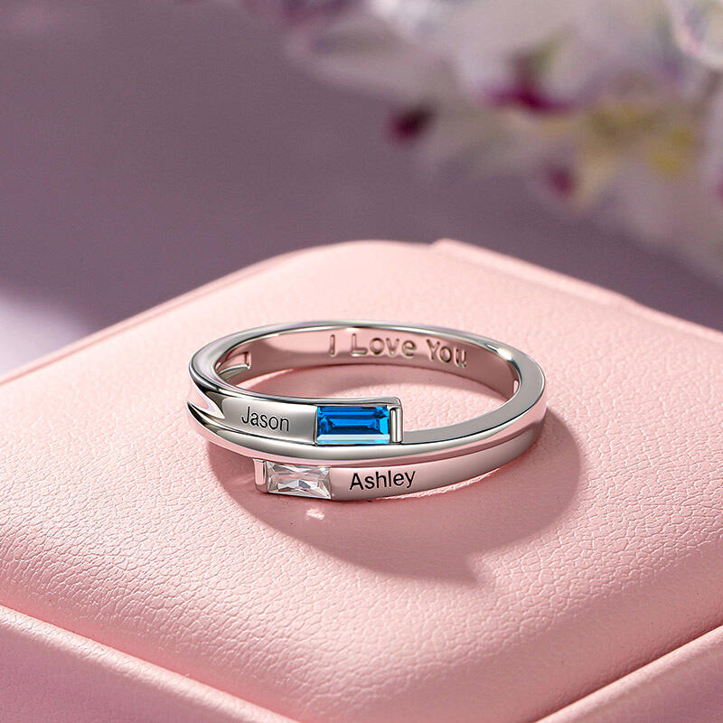 Jeulia Anillo Dos Piedras de Nacimiento con Nombre Grabado Personalizado