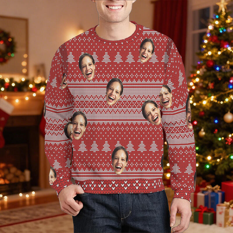 Personalized Ugly Sweater Unisex Custom Face Photo Red Festival Style Design Christmas Gift for Couples