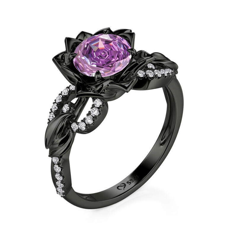 Jeulia Fashion Black Twist Purple Rose Cut Flower Ring