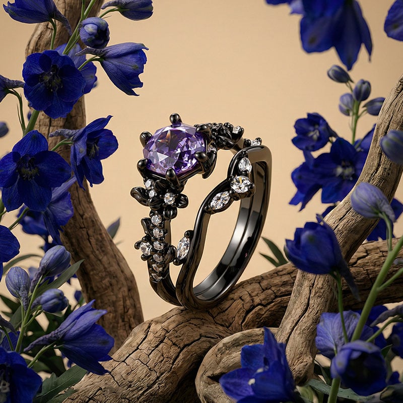Black Vine Purple Rose Cut Engagement Ring Set