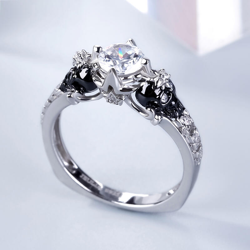 Jeulia European Shank Round Cut Sterling Silver Skull Ring