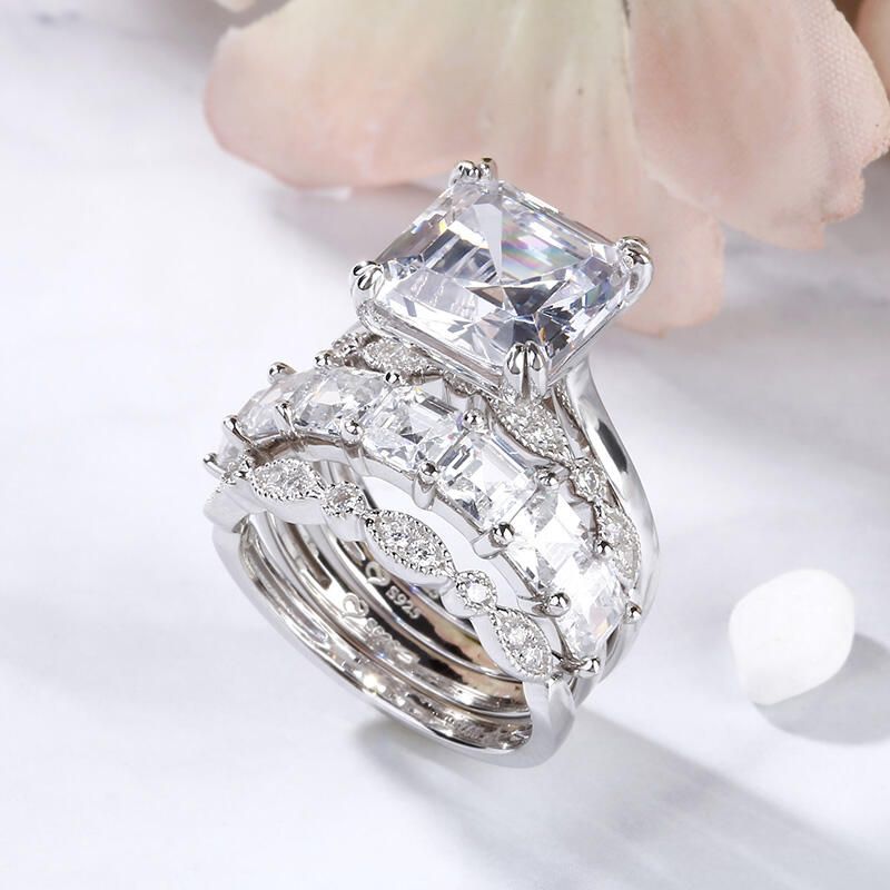 Jeulia Set De Cuatro Anillos En Plata De Ley De Corte Asscher