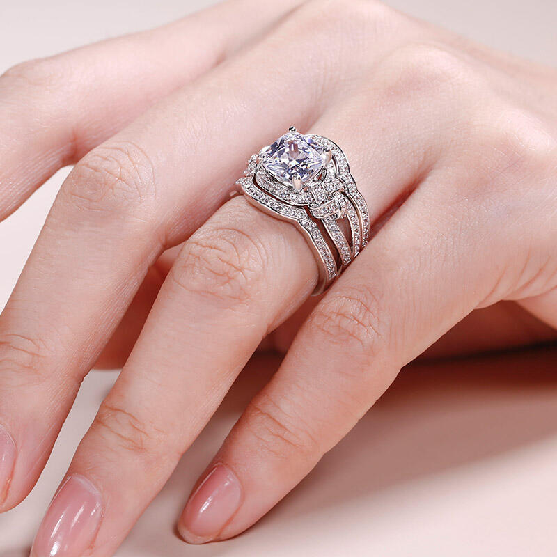 Jeulia 3PC Knot Design Cushion Cut Sterling Silver Ring