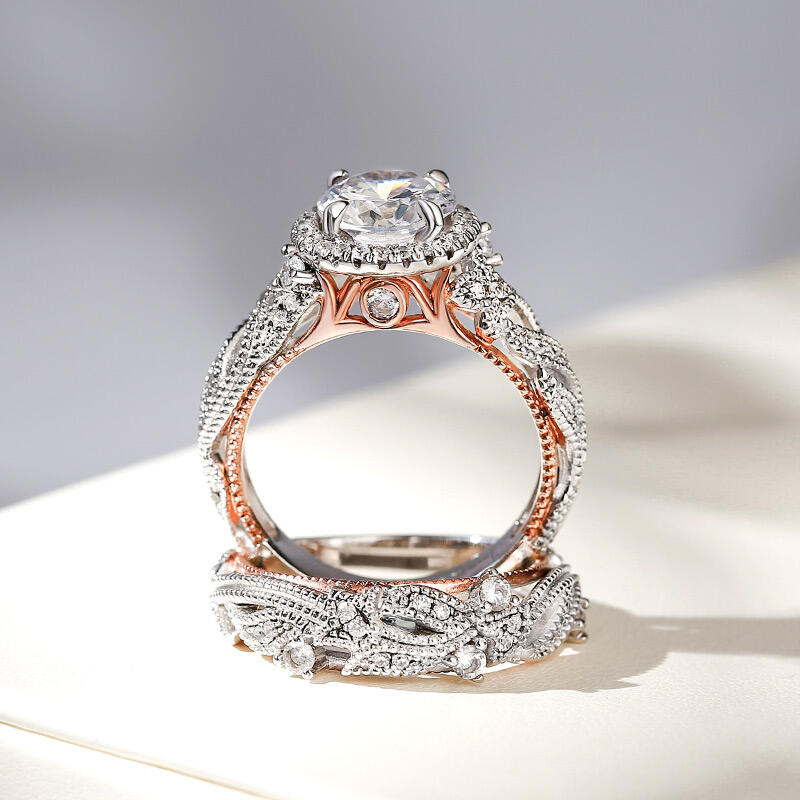 Anillos De Compromiso De Hoja De Corte Redonda En Plata De Ley