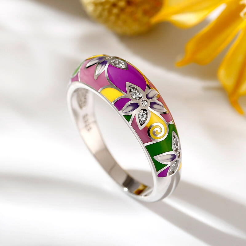 Jeulia "Charming Flower" Multicolored Enamel Sterling Silver Women's Band