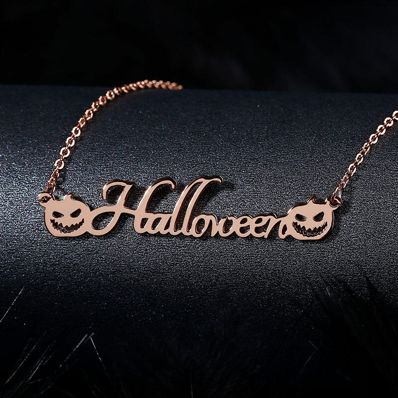 Jeulia "Evil Smiley" Pumpkin Personalized Sterling Silver Name Necklace