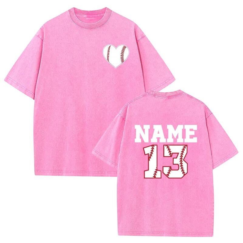 Baseballtvättad T-shirt med baseballhjärta anpassat nummer och namn present till sportälskaren
