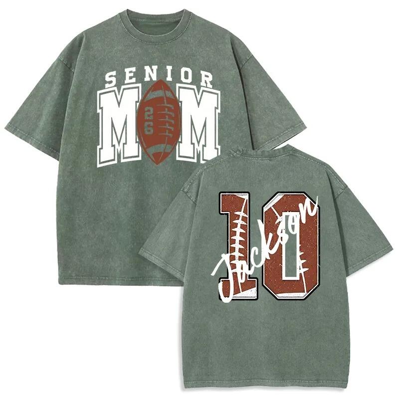 Personalized Washed T-shirt Senior Football Mom with Custom Kids Name Number Gift for Sports Lovers
