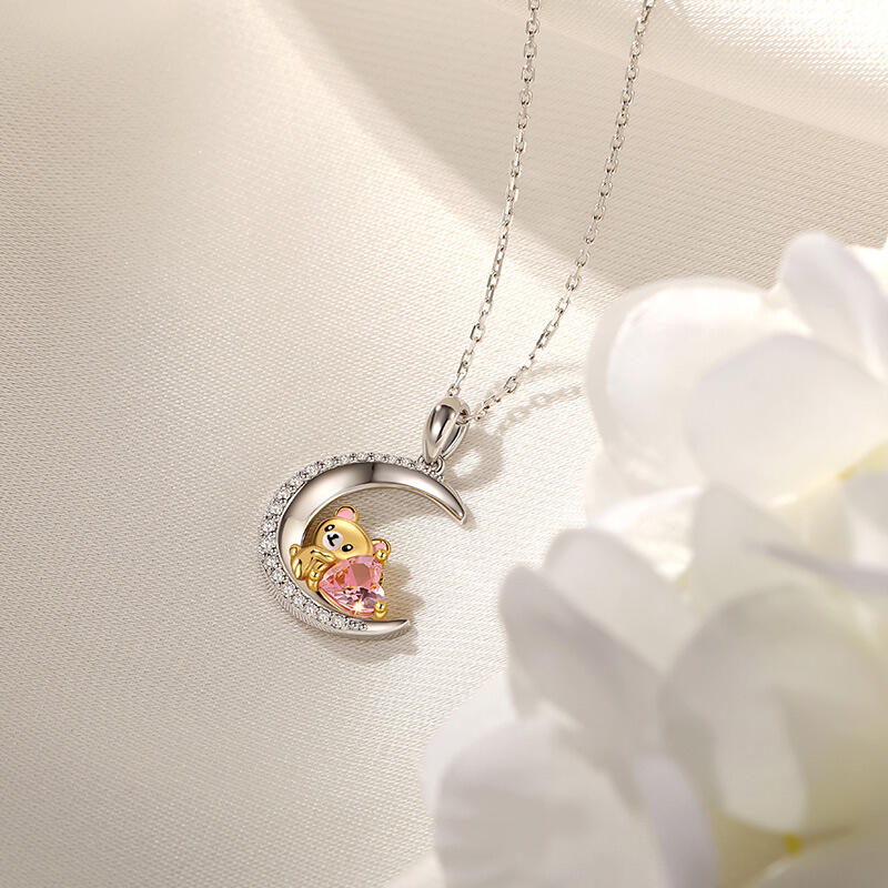 Jeulia Hug Me Custom Teddy Bear Moon Necklace With Birthstone