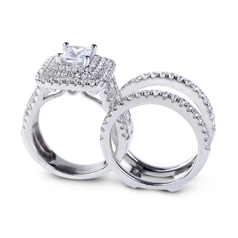 Jeulia Three Halo Princess Cut Sterling Silver Enhancer Ring Set