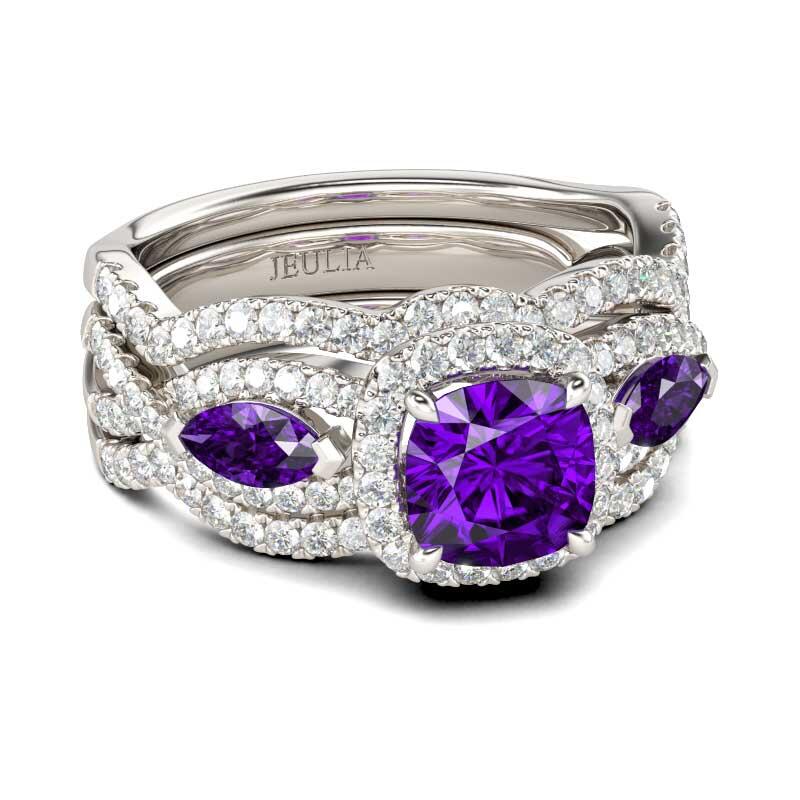 Jeulia Halo Three Stone Cushion Cut Sterling Silver 3PC Ring Set