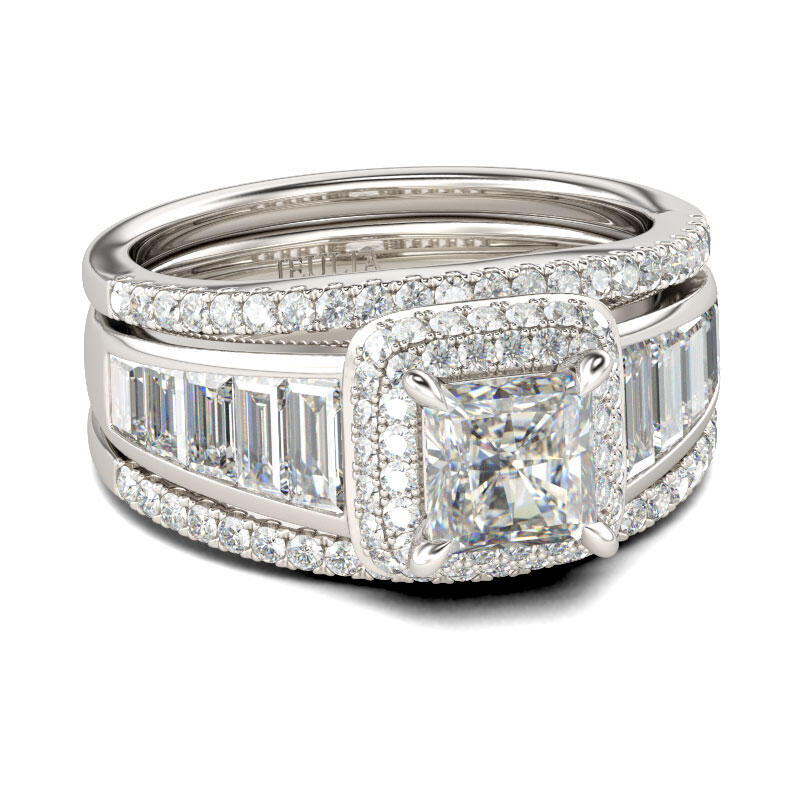 Jeulia Double Halo Princess Cut Sterling Silver 3PC Ring Set