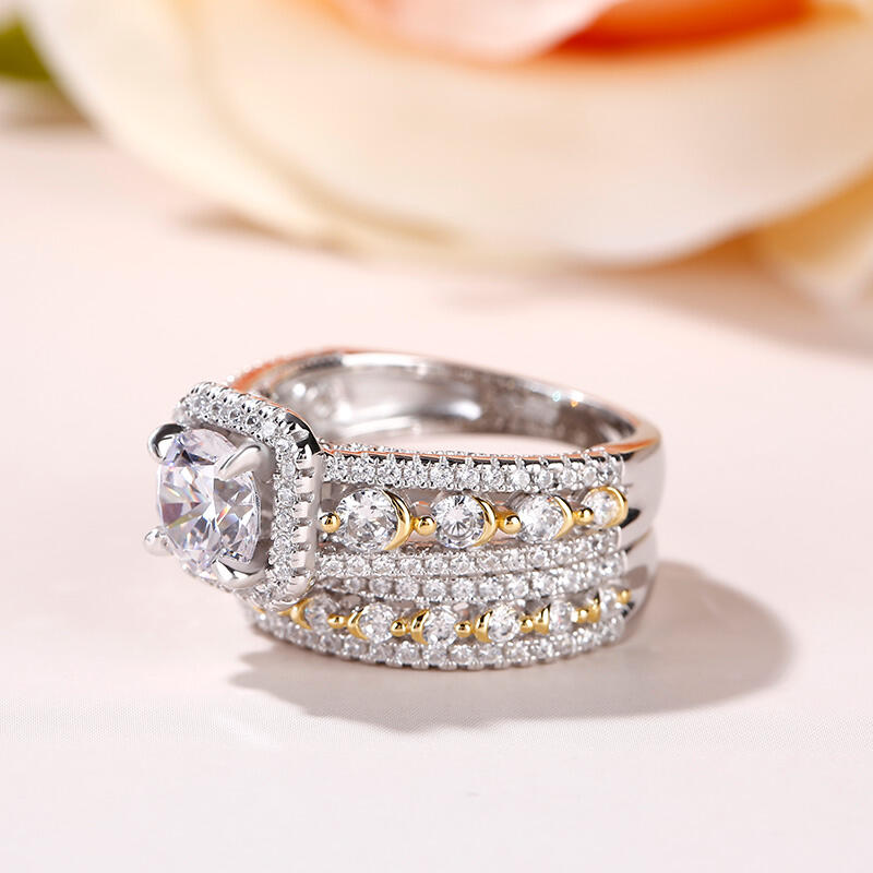 Jeulia Two Tone Halo Round Cut Sterling Silver Ring Set