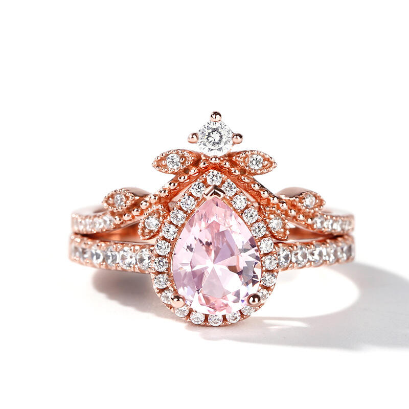 Jeulia Halo Pear Cut Synthetic Morganite Sterling Silver Ring Set