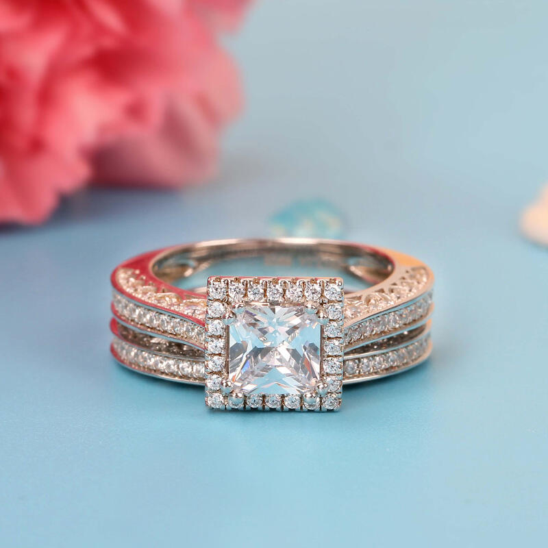 Jeulia Halo Princess Cut Sterling Silver Ring Set