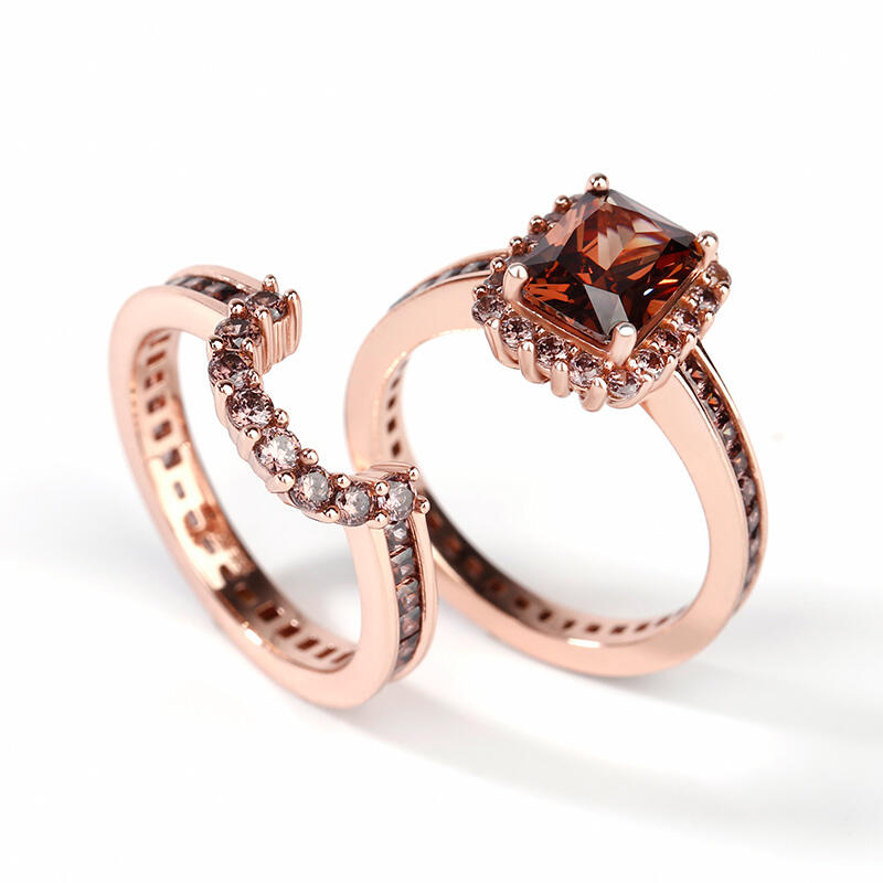 Jeulia "Delicious Coffee" Halo Emerald Cut Sterling Silver Ring Set