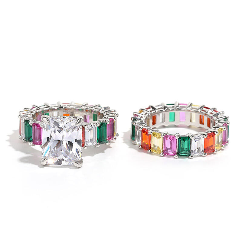 Jeulia "Blazing with Color" Radiant Cut Sterling Silver Ring Set