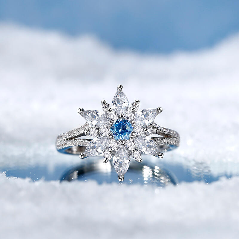 Jeulia "Shining Winter" Snowflake Marquise Cut Split Shank Sterling Silver Ring