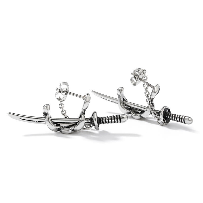 Jeulia Punk Style Sword Men's Titanium Steel Chain Earrings
