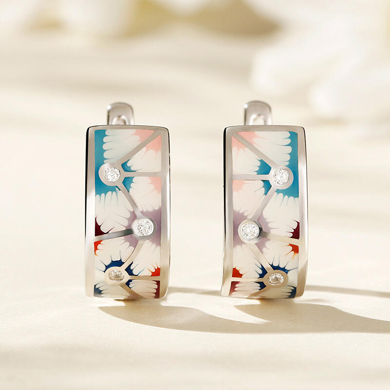 Jeulia "Delightful Daisy" Enamel Sterling Silver Hoop Earrings