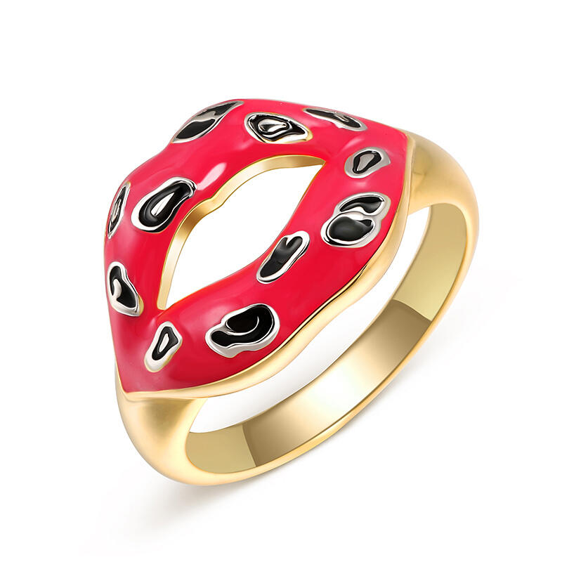 Jeulia Anillo de plata de ley con esmalte y estampado de leopardo con labios rojos