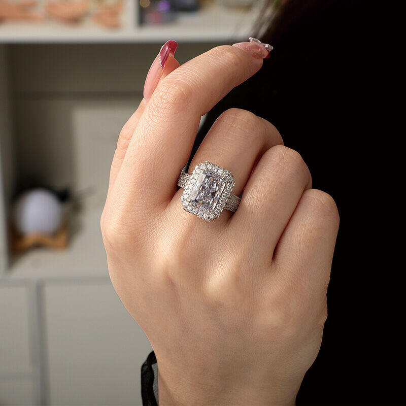 Jeulia "Captivating Brilliance" Emerald Cut Halo Sterling Silver Ring