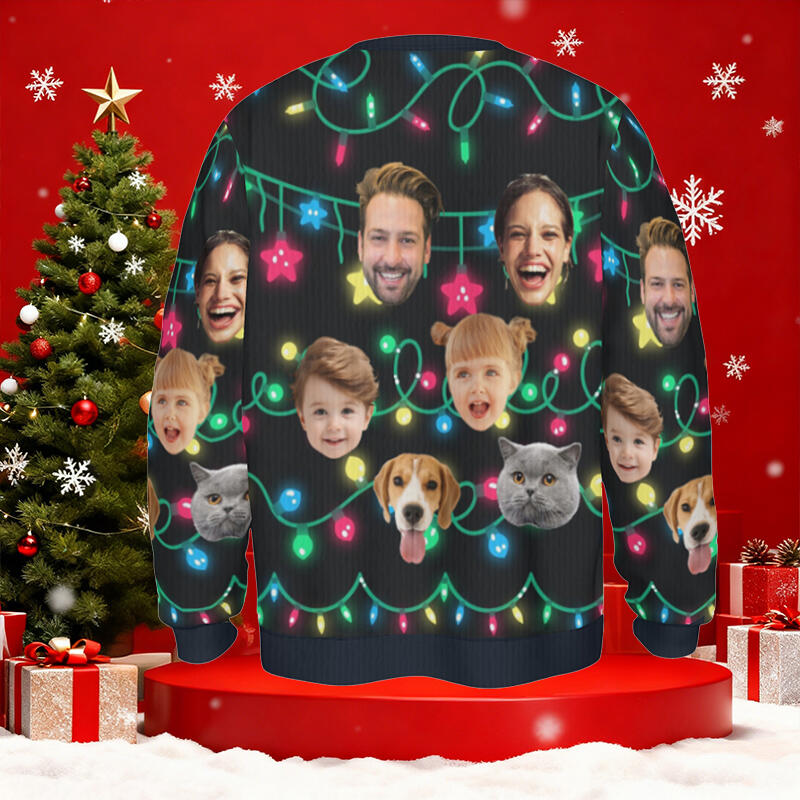 Personalisierter hässliche Weihnachtspullover Unisex Individuelles Gesichtsfoto Lichterkette Lustiges Design Weihnachtsgeschenk für die Familie