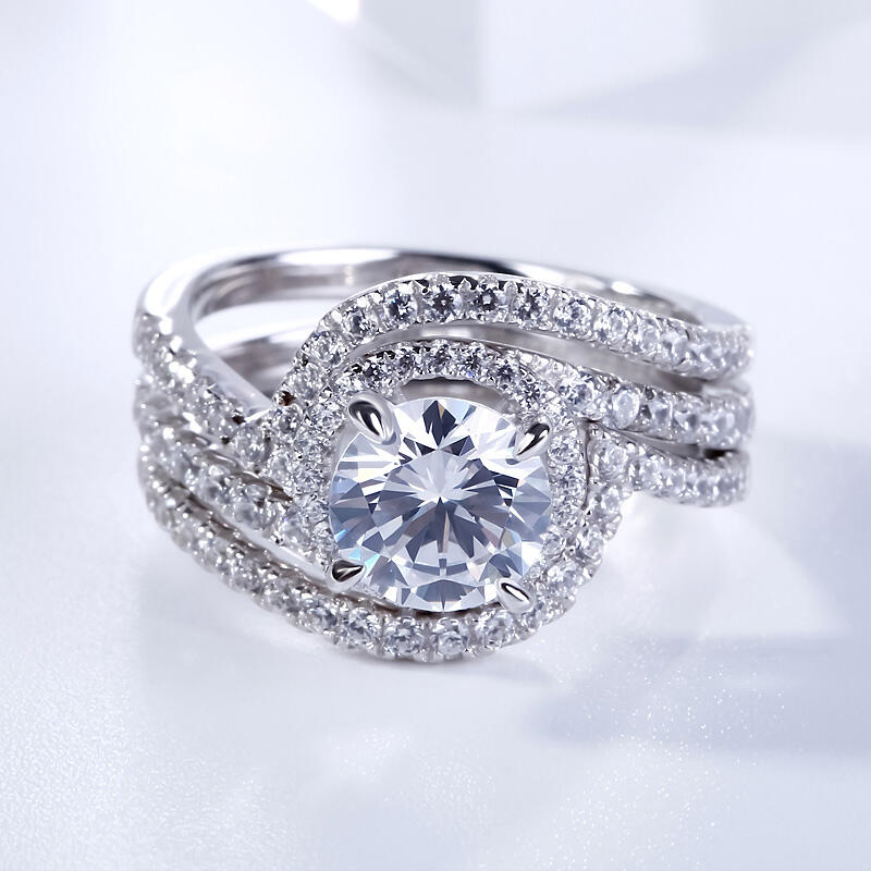 Jeulia 3PC Halo Round Cut Sterling Silver Ring Set