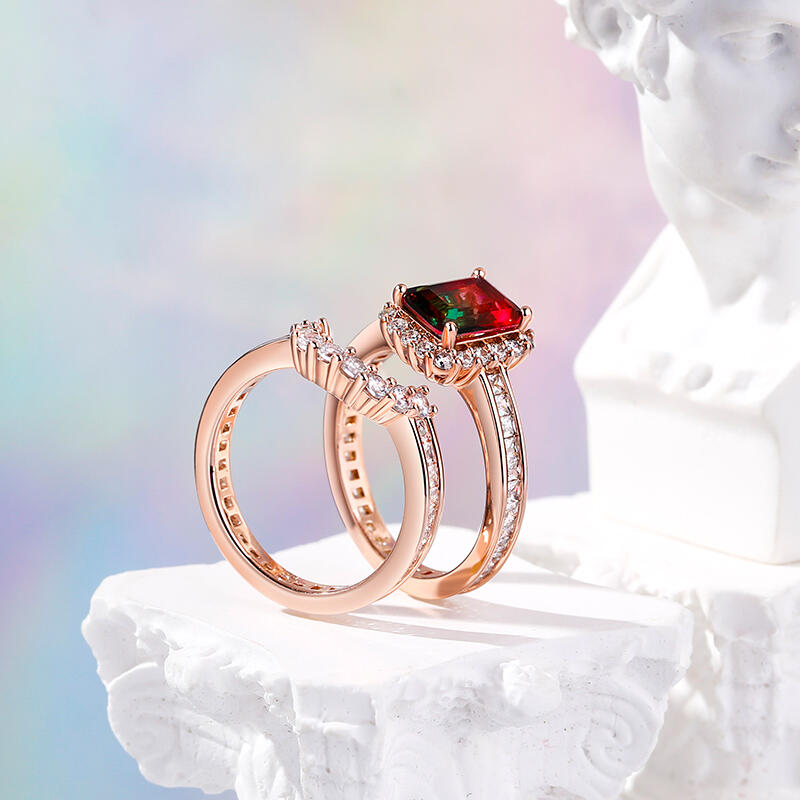 Jeulia Halo Emerald Cut Sterling Silver Watermelon Ring Set