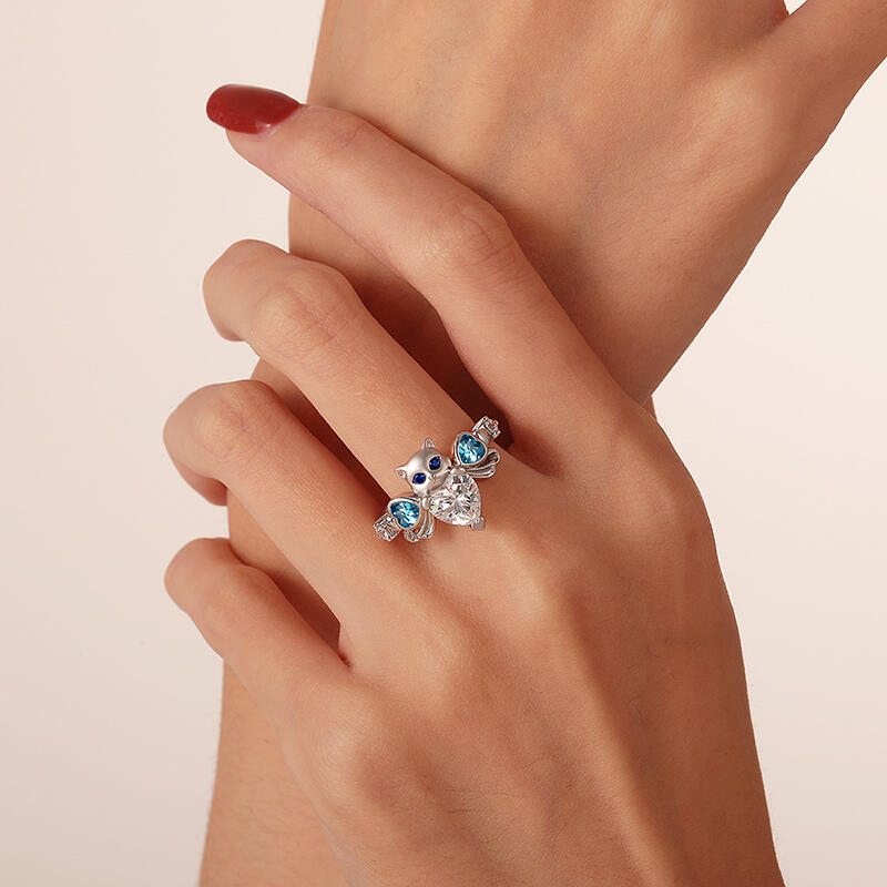 Jeulia Cute Cat Bowknot Heart Ring Sterling Silver