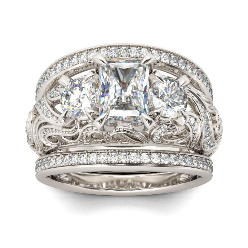Jeulia Three Stone Scrollwork Radiant Cut Sterling Silver Ring Set