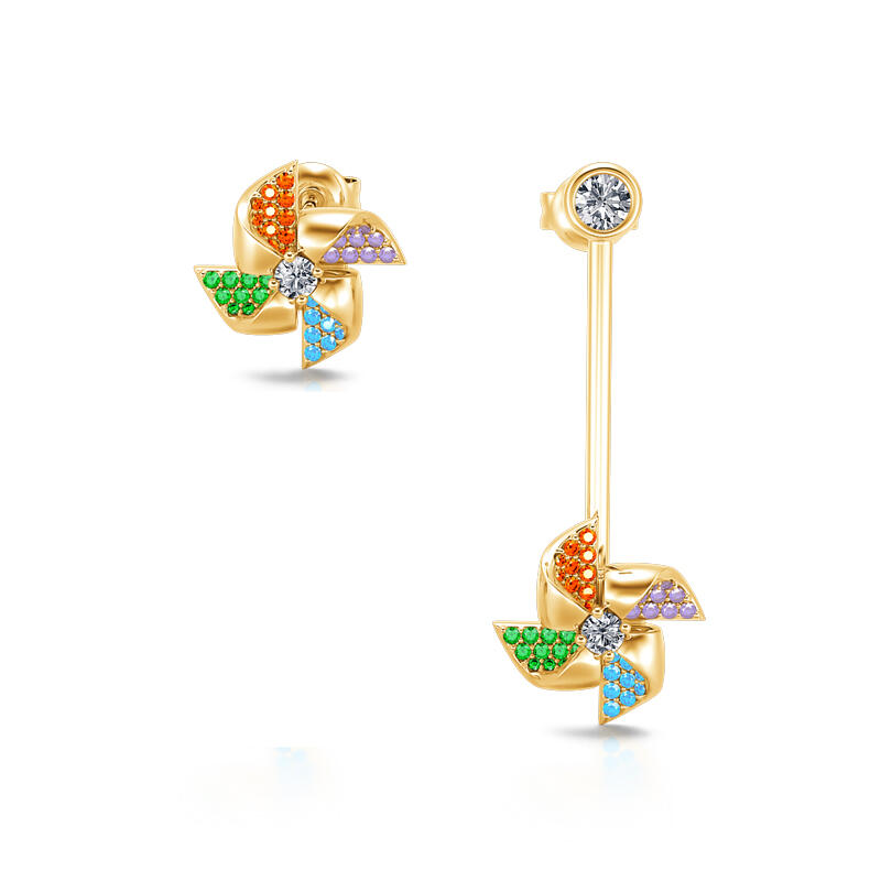 Jeulia Pendientes giratorios asimétricos con colgantes de molinos de colores de plata de ley
