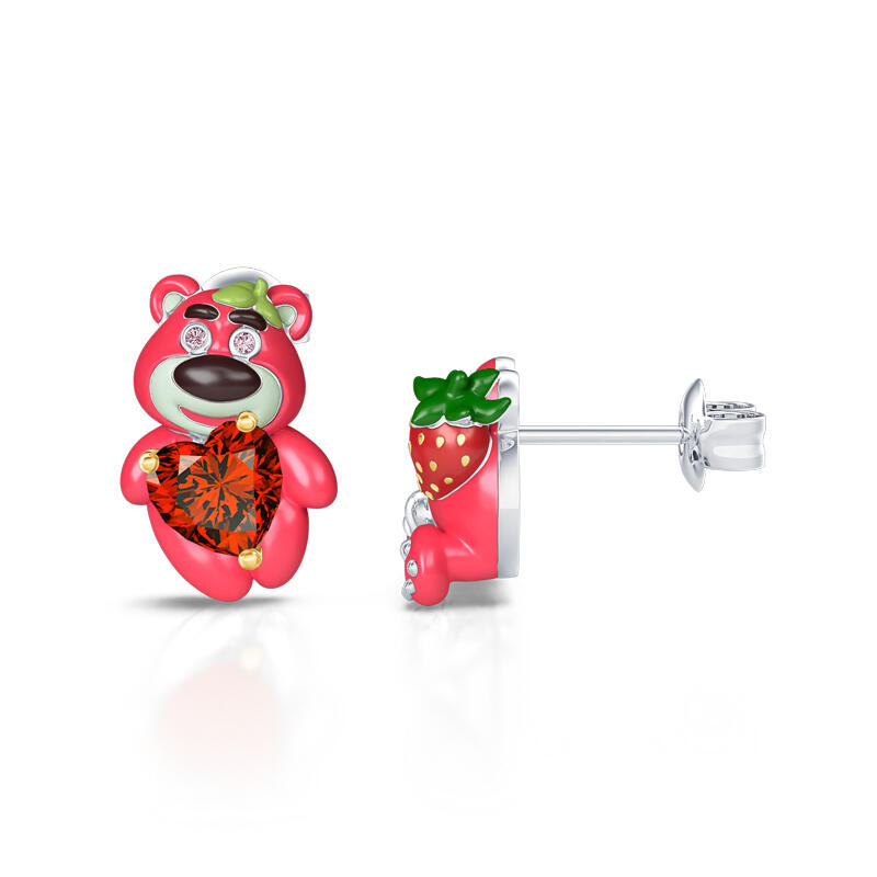 Jeulia Hug Me Lindos brincos de urso morango vermelho em prata de lei