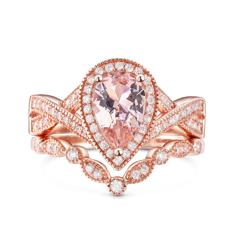 Jeulia Anillo de Plata de Ley con Morganita Sintética con Corte de Pera y Halo