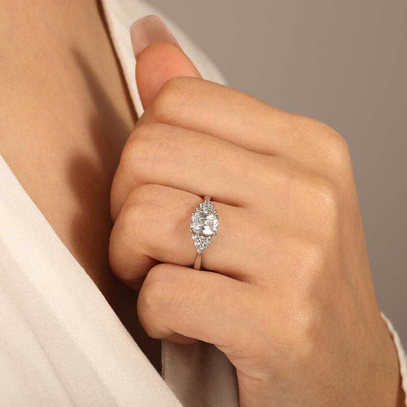 "Promise of Romance" Elongated Cushion Cluster Side Stone Engagement Ring