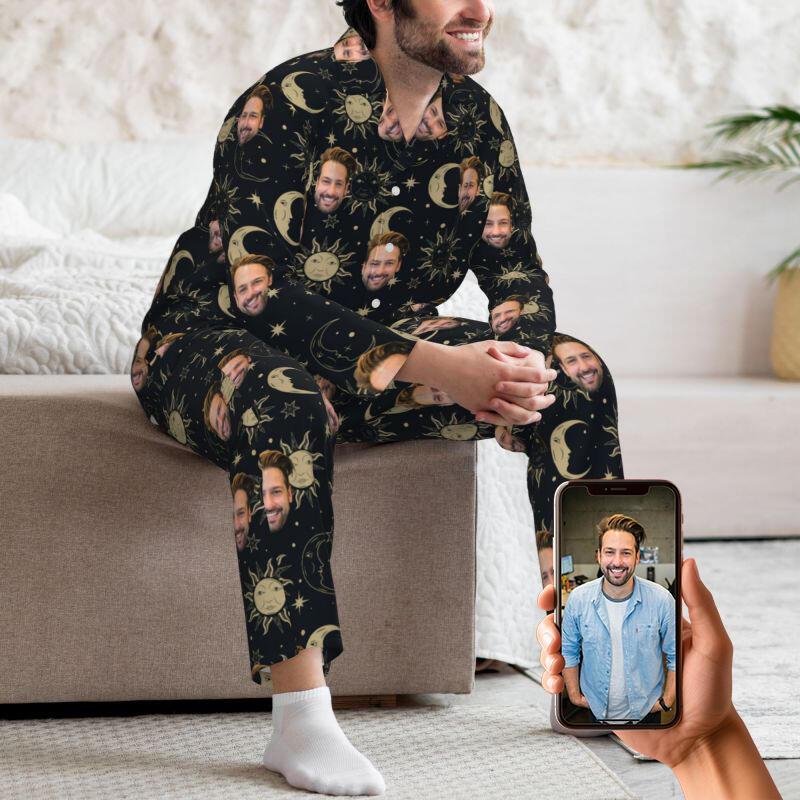 Gepersonaliseerde pyjama op maat met foto Artistiek zon maan patroon ontwerp prachtig cadeau voor hem familie