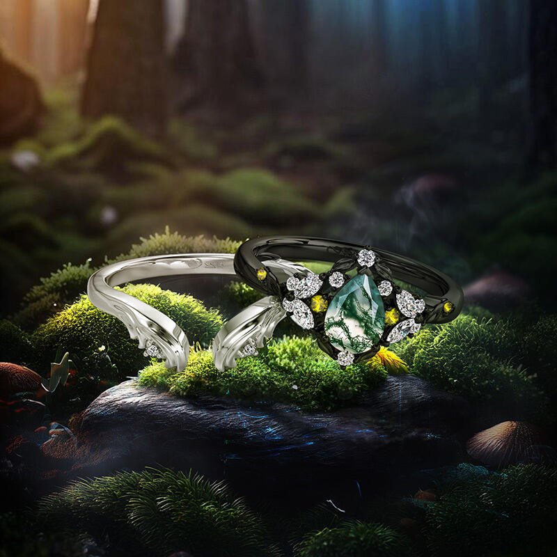 Jeulia Midsummer Night Mysterisk Skog Moss Agat Ringset
