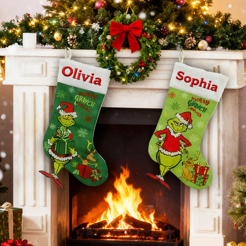 Personalized Green Monster Christmas Stockings Custom Embroidered with Your Name Fun Gifts for Friends