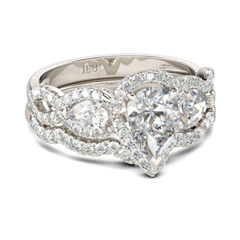Jeulia Three Stone Twist Pear Cut Sterling Silver Ring Set