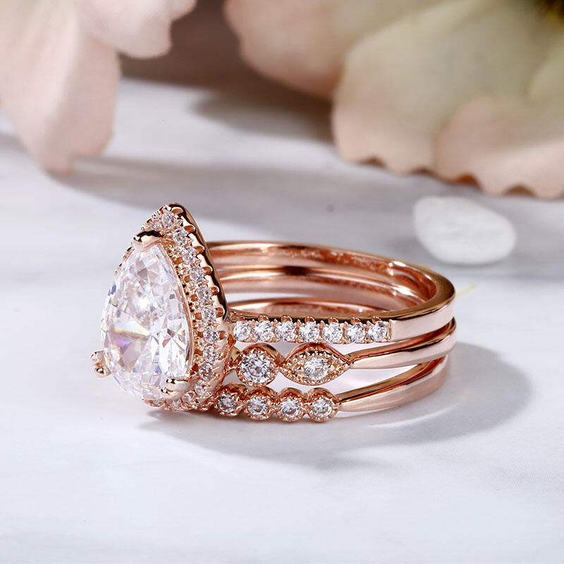 Jeulia 3PC Halo Pear Cut Sterling Silver Ring Set