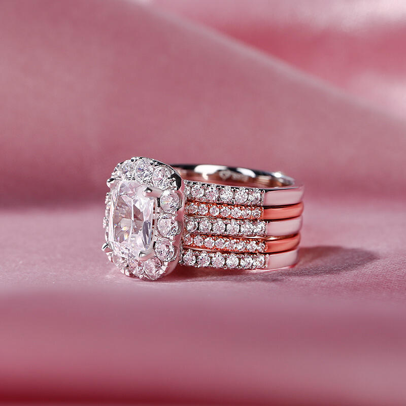 Jeulia Two Tone Halo Sterling Silver Ring Set