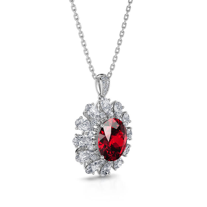 Jeulia "Burning Red" Luxury Halo Oval Cut Sterling Silver Necklace