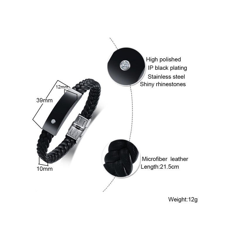 Jeulia Rhinestone Stainless Steel Leather Men's Bracelet