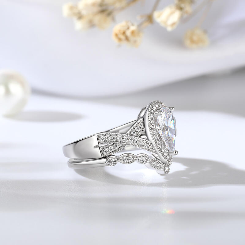 Jeulia Halo Pear Cut Sterling Silver Ring Set