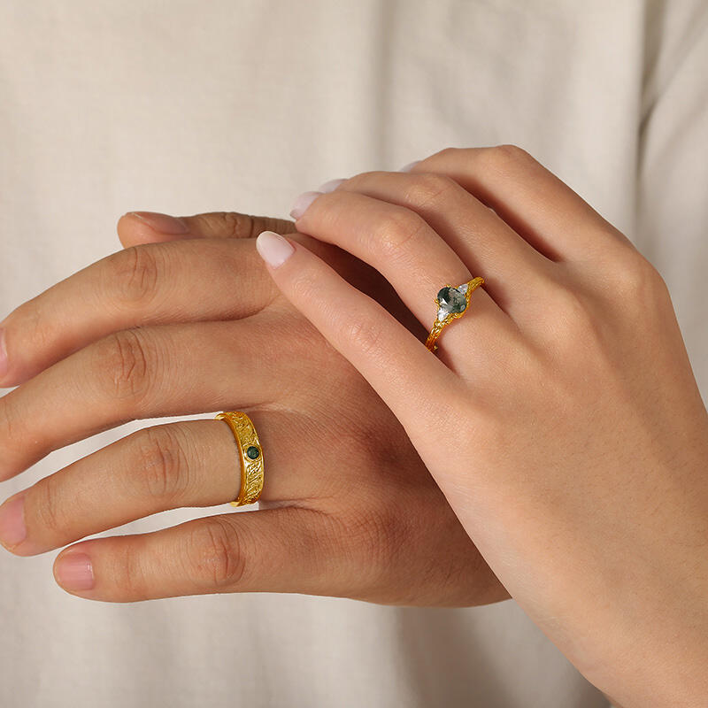 Jeulia Nature Inspired Moss Agate Gold Couple Rings Set