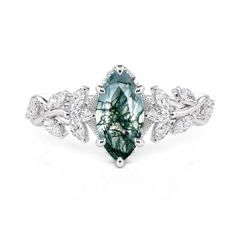 Jeulia Twist Marquise Cut Moss Agate Engagement Ring
