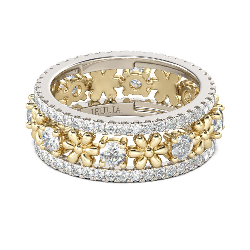 Jeulia Two Tone Flower Round Cut Sterling Silver Women's Band