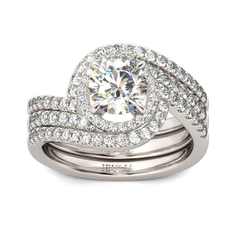 Jeulia 3PC Halo Round Cut Sterling Silver Ring Set