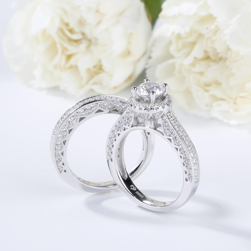 Jeulia Halo Round Cut Sterling Silver Ring Set