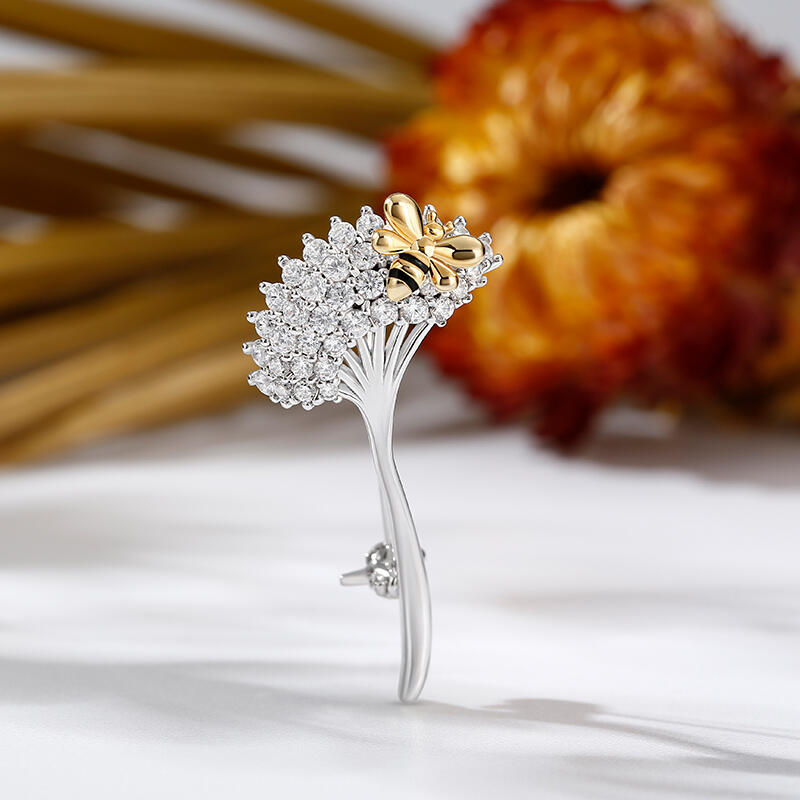 Jeulia Broche de prata de lei com abelhas e flores